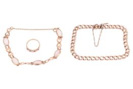 A collection of jewellery items comprising a 9ct gold ruby and diamond-set half hoop ring, a yellow 