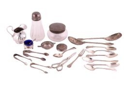 Assorted silver and silver plate items; to include examples of silver topped glass pots, three pairs