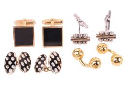 A collection of cufflinks; to include a pair of enamelled panel cufflinks in silver gilt, with googl