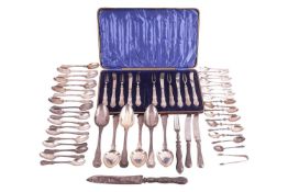 A collection of assorted silver flatware; to include a Victorian cased dessert forks and knives of s