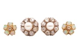 Two pairs of gem-set stud earrings; the first pair each comprising a round pearl and a rose-cut diam