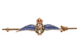 A yellow metal and hard enamelled RAF sweethearts bar brooch, stamped 14ct in fitted Gieves Ltd. box