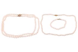 Two cultured pearl necklaces and a bracelet; to include a double-row necklace comprising round cultu