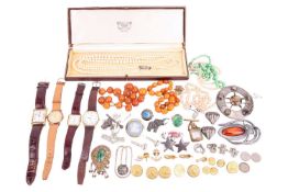 A group of jewellery items; to include examples of a three-row cultured pearl necklace, graduated fr