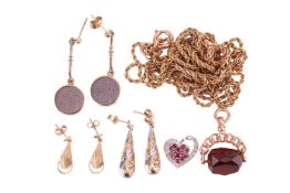A small group of 9ct gold jewellery and others; including a pair of goldstone bar drop earrings in 9