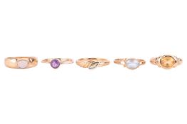 Five gem-set dress rings, comprising an opal ring, size O1/2, a blue topaz ring, size O, an amethyst