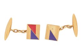 A pair of enamel cufflinks, the rectangular panels with triangle motifs enamelled in red and blue, b