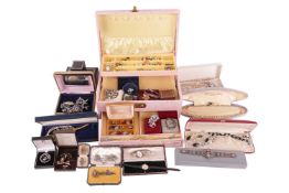 A collection of costume jewellery; to include examples of two ladies' wristwatches, cultured pearl n