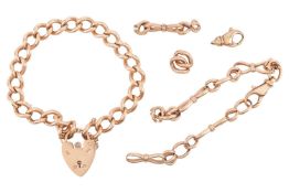 A 9ct gold curb link bracelet with a heart padlock, together with a broken infinity link and some ad