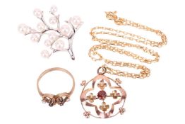 A collection of jewellery items comprising a Mikimoto brooch, in the form of a cherry blossom branch