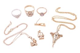 A small collection of 9ct gold jewellery and others; to include examples of an opal and diamond flow
