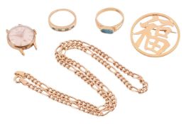 A small aggregation of jewellery items; to include a Figaro link chain in 9ct yellow gold, 41.0 cm l