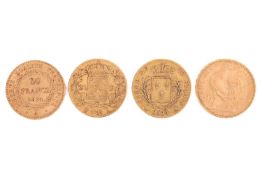 Four 20 franc coins; to include an 1814 Louis XVIII coin with a dressed bust to the right and coat o