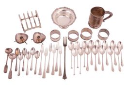 A collection of silver and silver plated items; containing ten silver teaspoons, five silver teaspoo