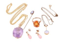 A small aggregate of gem-set jewellery items; to include a large amethyst pendant in 9ct yellow gold