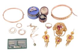 A collection of jewellery, comprising examples of a Victorian Etruscan Revival brooch and earrings s
