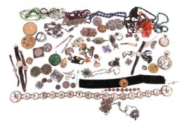A quantity of silver and costume jewellery. To include a Chinese hand painted button belt, together 