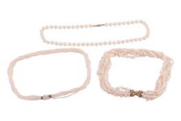 Three cultured pearl necklaces; including a Mikimoto pearl torsade, comprising six twisted strands o