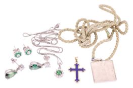 A collection of jewellery items including a pair of emerald and diamond floral cluster earrings, in 