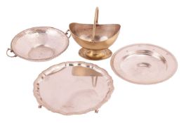 a silver salver with piecrust rim and gadroon border, on four claw and ball feet, 20.5 cm wide; a si