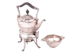 A silver kettle on stand by Roberts & Briggs, together with a sugar bowl by Goldsmith & Silv