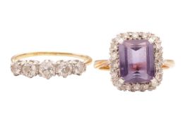 Two diamond-set dress rings; the first containing a canted step-cut amethyst, claw-set within a fram