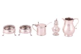 A pair of George III silver cauldron table salts, London 1770, a Victorian silver sparrow beak cream