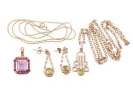 A small collection of jewellery items; including a pendant of octagonal form, set with an amethyst a