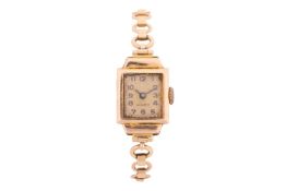 A 9ct gold ladies dress watch, with a hand-wound mechanical movement, featuring a white face in a sq