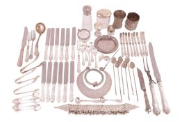 A mixed lot of silver comprising a carving knife and fork the handle stamped Theodore.Star 