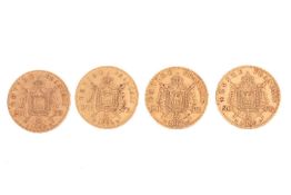 Four Napoleon III 20 franc coins; Laureate head to the right, imperial coat of arms to the reverse; 