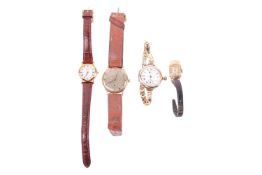 A collection of four wristwatches comprising; An unsigned gentlemans 18ct gold swiss mechanical wris