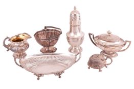 A group of silver items comprising a George III squat-bodied mustard pot, featuring floral detail, w