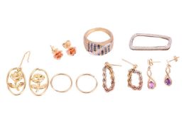 A collection of jewellery items comprising a calibre-cut sapphire ring in 9ct gold, a pair of paste-