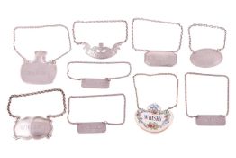 A collection of decanter labels; including three rectangular labels marked for Gin, Vermouth and Cog
