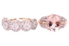 A morganite and diamond-set dress ring, the oval mixed-cut morganite measuring approximately 11.8mm 