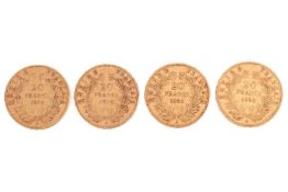 Four Napoleon III 20 franc coins, all dated 1854, 25.7 grams. (4)