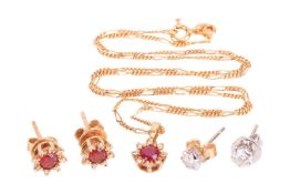 A gem-set necklace and two pairs of stud earrings; to include a ruby and diamond cluster pendant mar