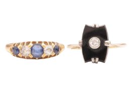 A sapphire and diamond half-hoop ring in 18ct, and a panel ring; comprising three graduated circular