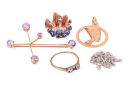 A small collection of jewellery, to include a single ear clip set with sapphire cabochons and diamon