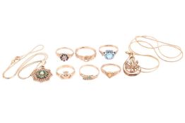 A small collection of 9ct gold jewellery items, and a blue paste ring; to include floral pendant on 