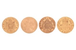 Four 20 franc coins;to include an 1824 Louis XVIII coin with naked head to the right and coat of arm