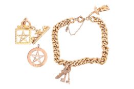 A charm bracelet and two other Masonic charms; comprising a hollow curb link chain struck with a Fre