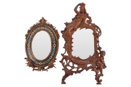 A Napoleon III gilt bronze and cloisonne easel dressing table mirror with cartouche and floral bouqu