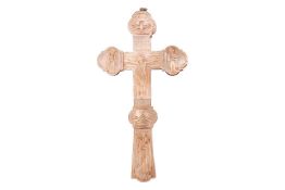 Of Catholic interest; an olive wood and carved mother-of-pearl liturgical crucifix, 19th century pro