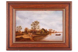 Manner of Pieter Noble, figures beside a lake, oil on panel, 26 x 40cm, framed 41cm x 54cm.