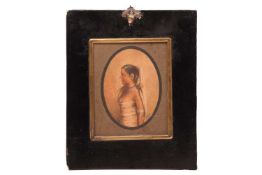 British/Company School 19th Century, An oval profile portrait of a tattooed woman in profile, wearin