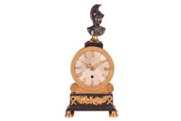 A French gilt and patinated bronze Empire-style mantel clock, with figural bust over a circular silv