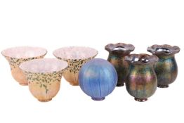 A group of three bell form Loertz style glass lamp shades, 13.5 cm diameter together with three othe
