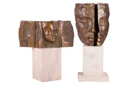 René Berthet (French, b. 1942), Triptych face profile, signed Berthet '96 1/1 P.U., bronze, 12 x 26.